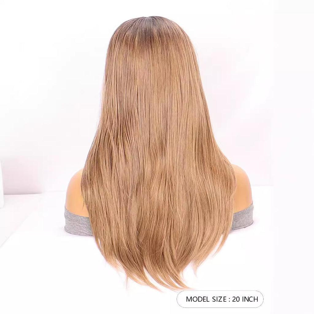 White Smoke Brown Ombre Layered Straight Wig - Everyday Glamour (Middle Part) (FEVERCOS)