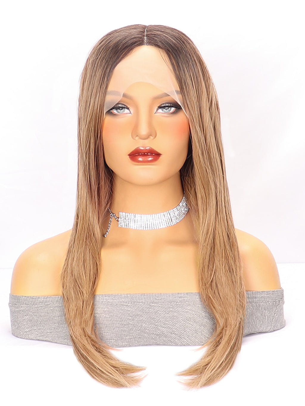 White Smoke Brown Ombre Layered Straight Wig - Everyday Glamour (Middle Part) (FEVERCOS)