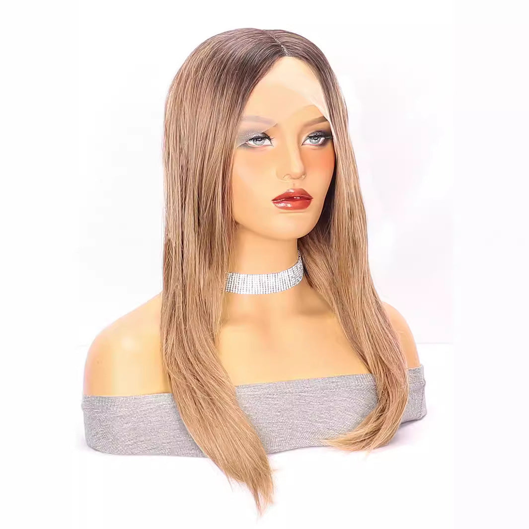 White Smoke Brown Ombre Layered Straight Wig - Everyday Glamour (Middle Part) (FEVERCOS)