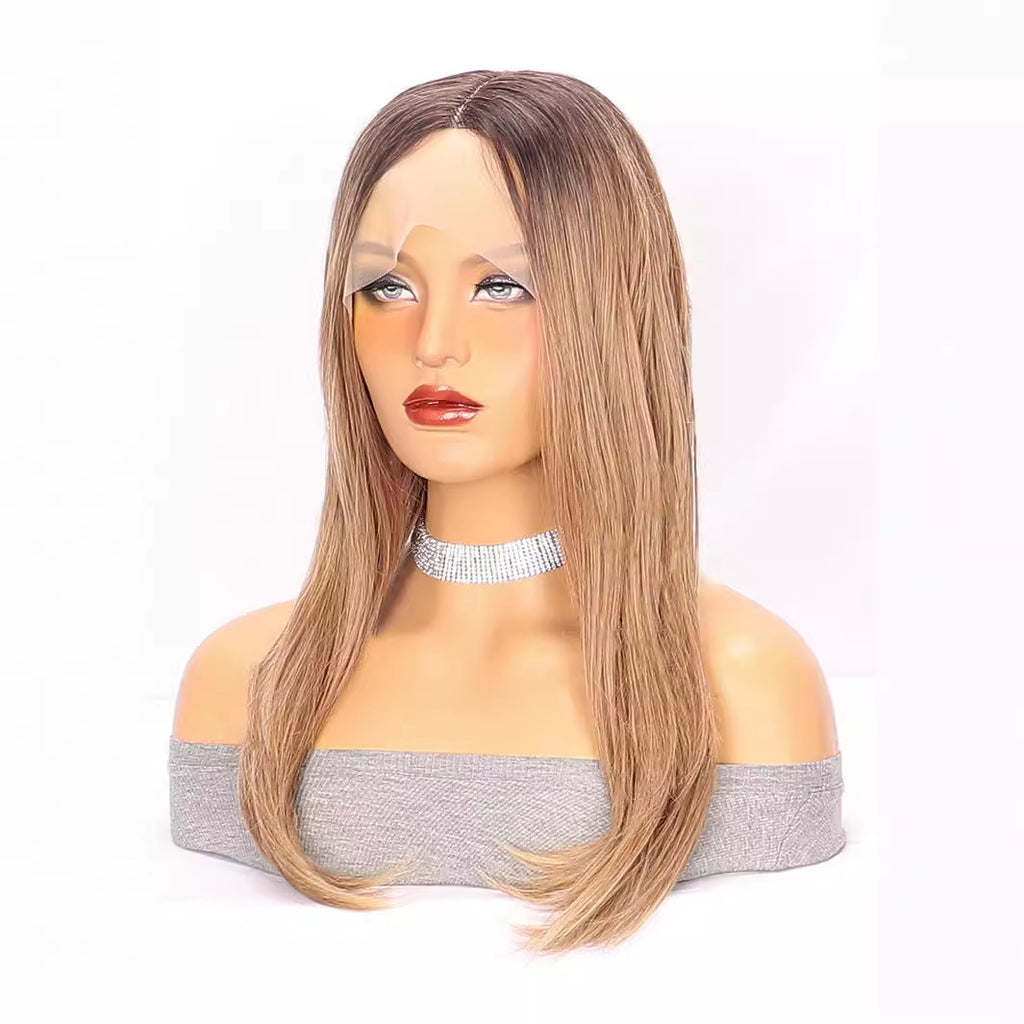 White Smoke Brown Ombre Layered Straight Wig - Everyday Glamour (Middle Part) (FEVERCOS)