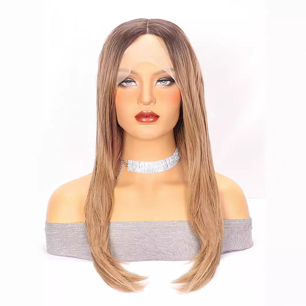 White Smoke Brown Ombre Layered Straight Wig - Everyday Glamour (Middle Part) (FEVERCOS)