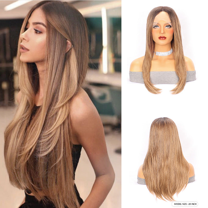 White Smoke Brown Ombre Layered Straight Wig - Everyday Glamour (Middle Part) (FEVERCOS)