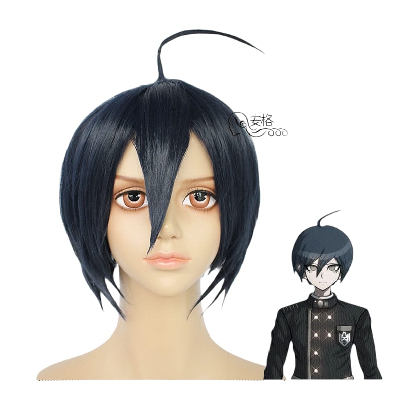 White Smoke Shuichi Saihara Cosplay Wig - Danganronpa V3 (Dark Blue/Grey Ahoge) (FEVERCOS)