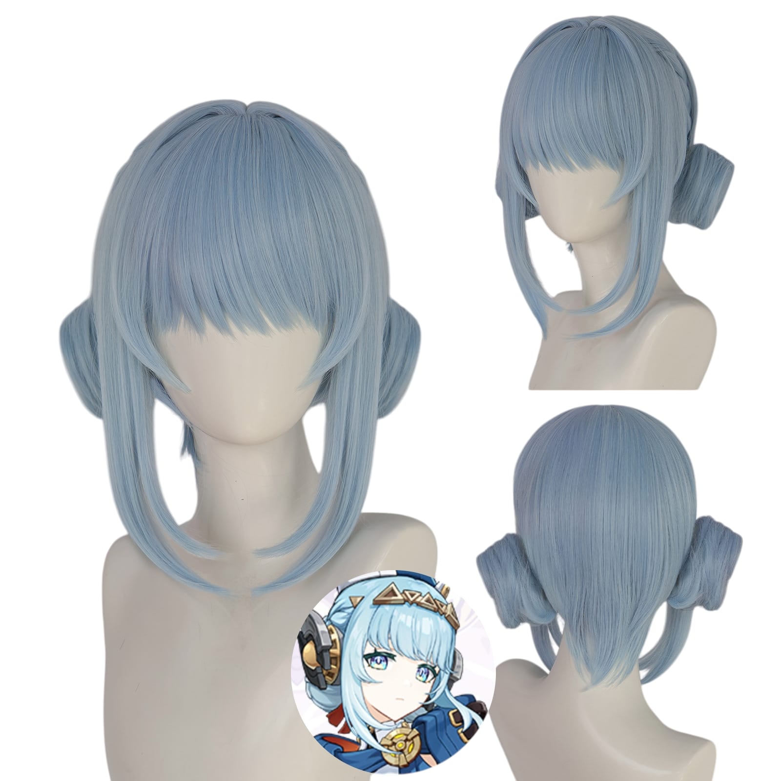 White Smoke Inev (Blue Buns) Cosplay Wig - Genshin Impact NPC/Concept (Blue Braided) (FEVERCOS)