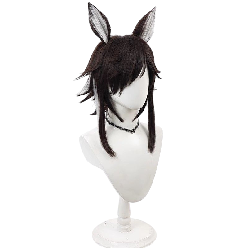 Arknights Courier Cosplay Wig - Dark Brown with White Streaks, Flipped Layers & Integrated Ears - Rhine Lab Operator Hair
