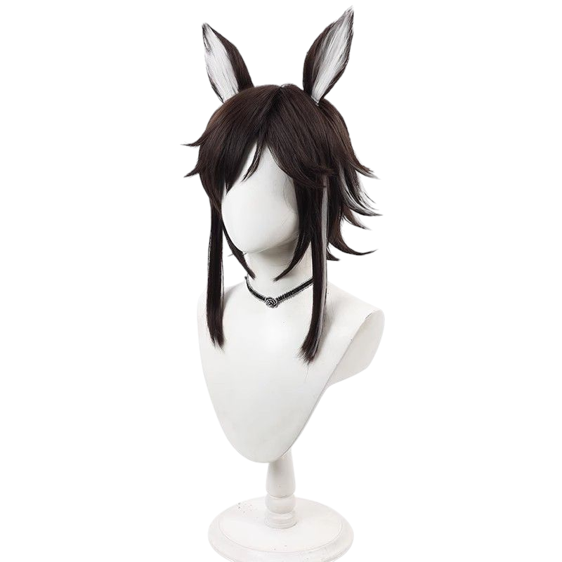 Arknights Courier Cosplay Wig - Dark Brown with White Streaks, Flipped Layers & Integrated Ears - Rhine Lab Operator Hair