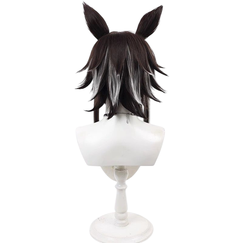 Arknights Courier Cosplay Wig - Dark Brown with White Streaks, Flipped Layers & Integrated Ears - Rhine Lab Operator Hair