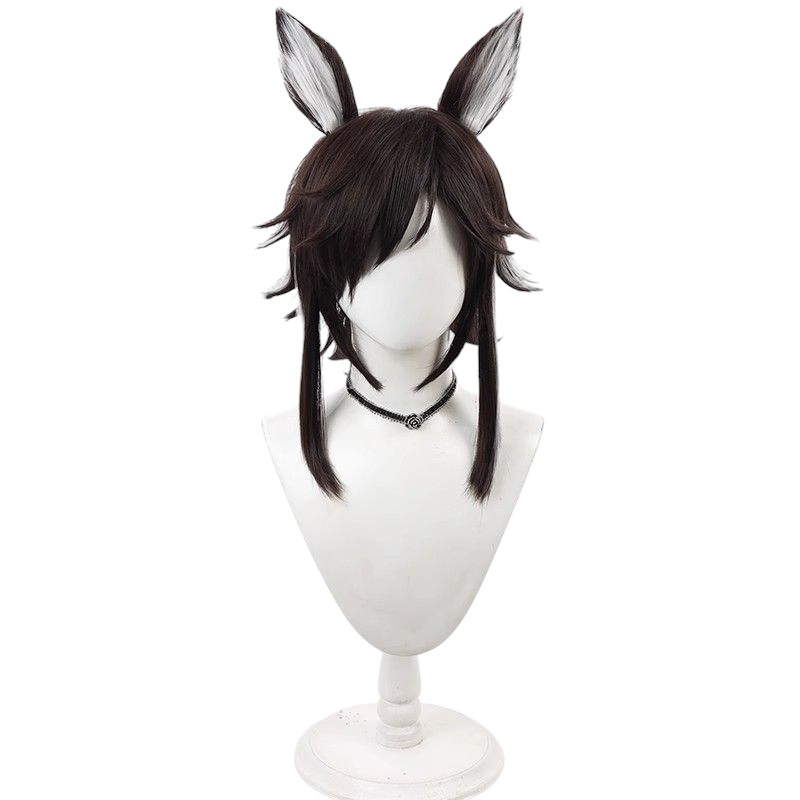 Arknights Courier Cosplay Wig - Dark Brown with White Streaks, Flipped Layers & Integrated Ears - Rhine Lab Operator Hair