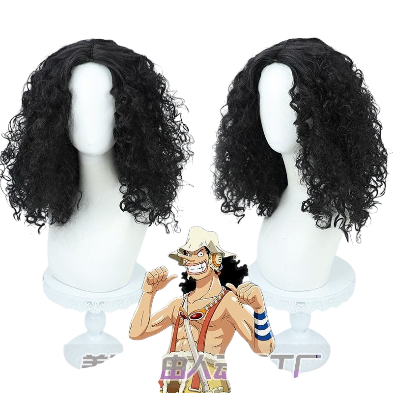 One Piece Usopp Cosplay Wig - Black Center-Parted Curly Hair with Scalp