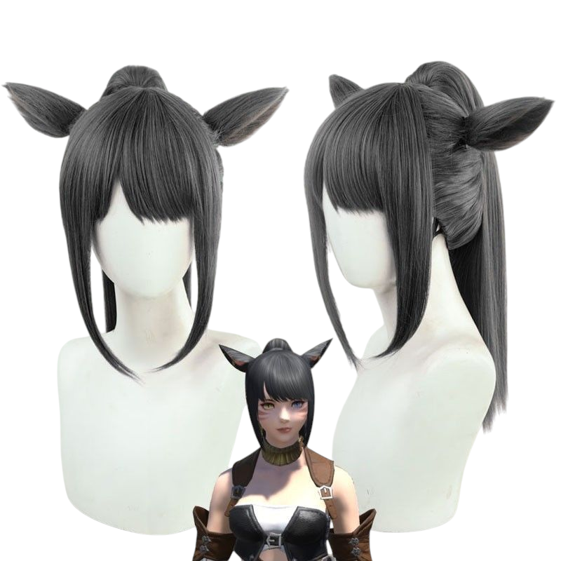 Final Fantasy XIV Catgirl Cosplay Wig - Black Red High Ponytail for FFXIV