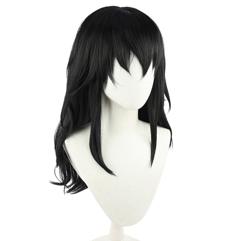 Demon Slayer Muichiro Tokito Cosplay Wig - Black Layered Scalp for Mist Hashira