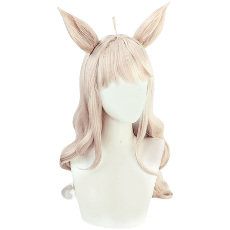 Antique White Uma Musume Biwa Hayahide Cosplay Wig - Wavy Brown with Same Color Tail