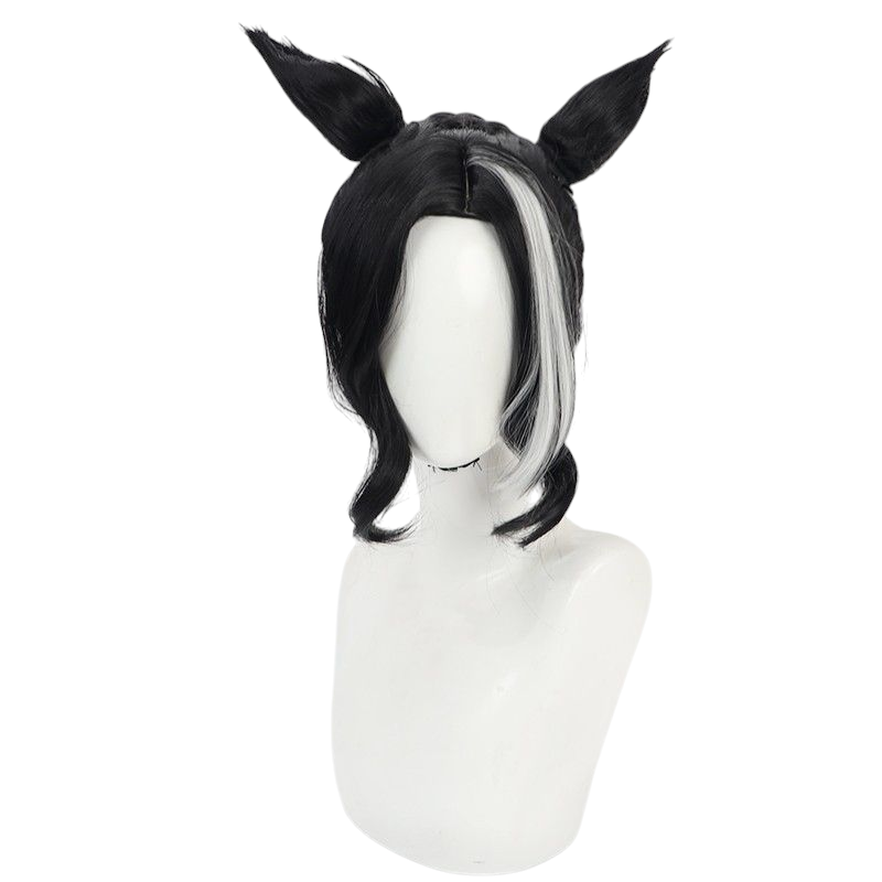 Light Gray Uma Musume Mejiro Lamune Cosplay Wig - Black Hair with Horse Ears and Tail