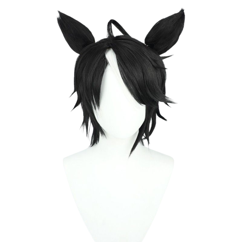 White Smoke Uma Musume Fuji Kitashirakaba Cosplay Wig - Black Short with Ears and Ponytail