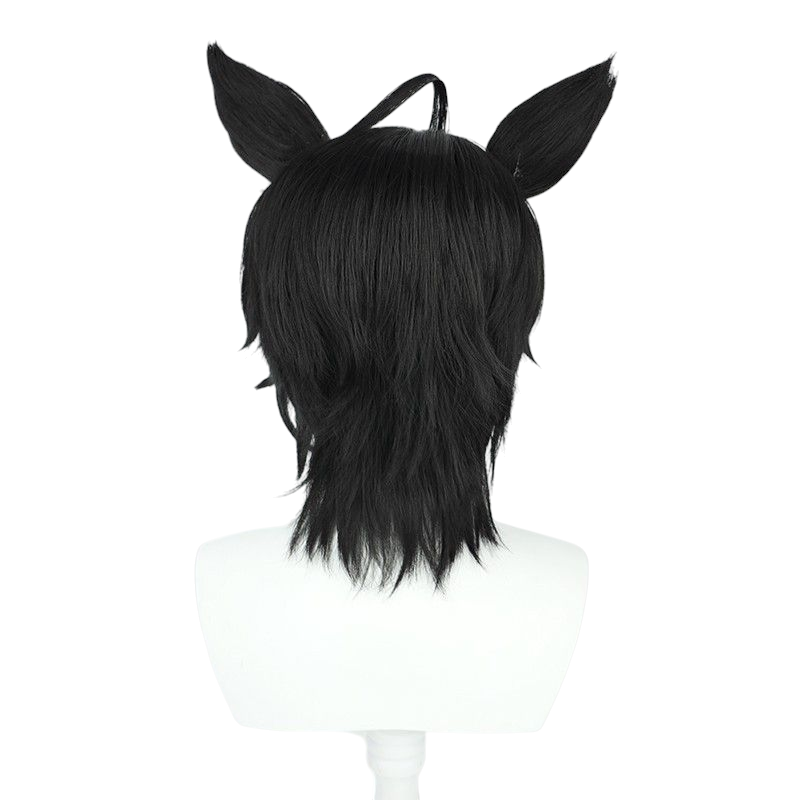 Dark Slate Gray Uma Musume Fuji Kitashirakaba Cosplay Wig - Black Short with Ears and Ponytail