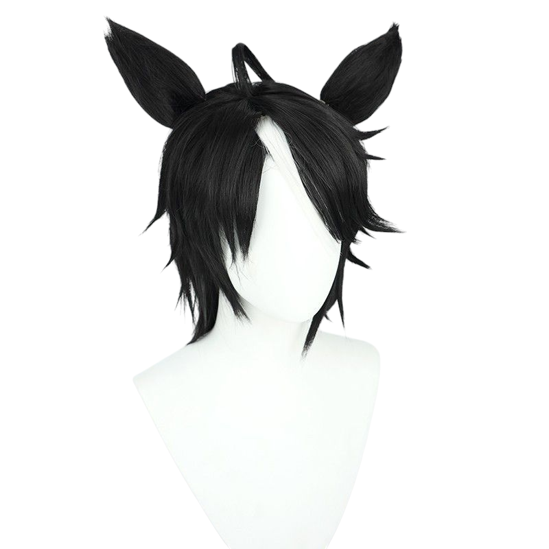 White Smoke Uma Musume Fuji Kitashirakaba Cosplay Wig - Black Short with Ears and Ponytail