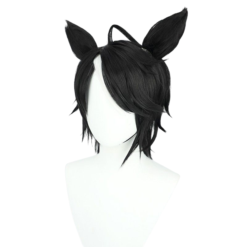 White Smoke Uma Musume Fuji Kitashirakaba Cosplay Wig - Black Short with Ears and Ponytail