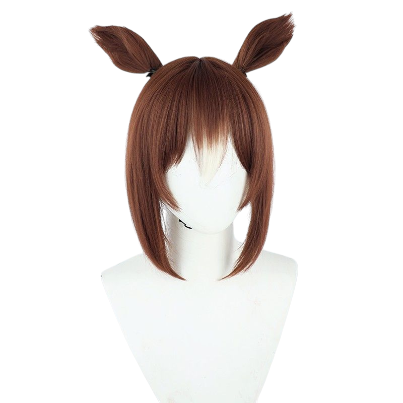 White Smoke Uma Musume Beautiful Posture Cosplay Wig - Brown Bun with Ears and Tail