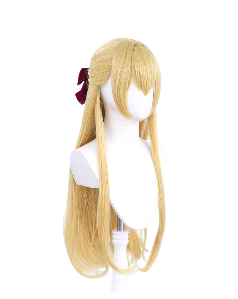Tan Sailor Moon Sailor Venus Minako Aino Golden Long Curly Cosplay Wig with Red Bow