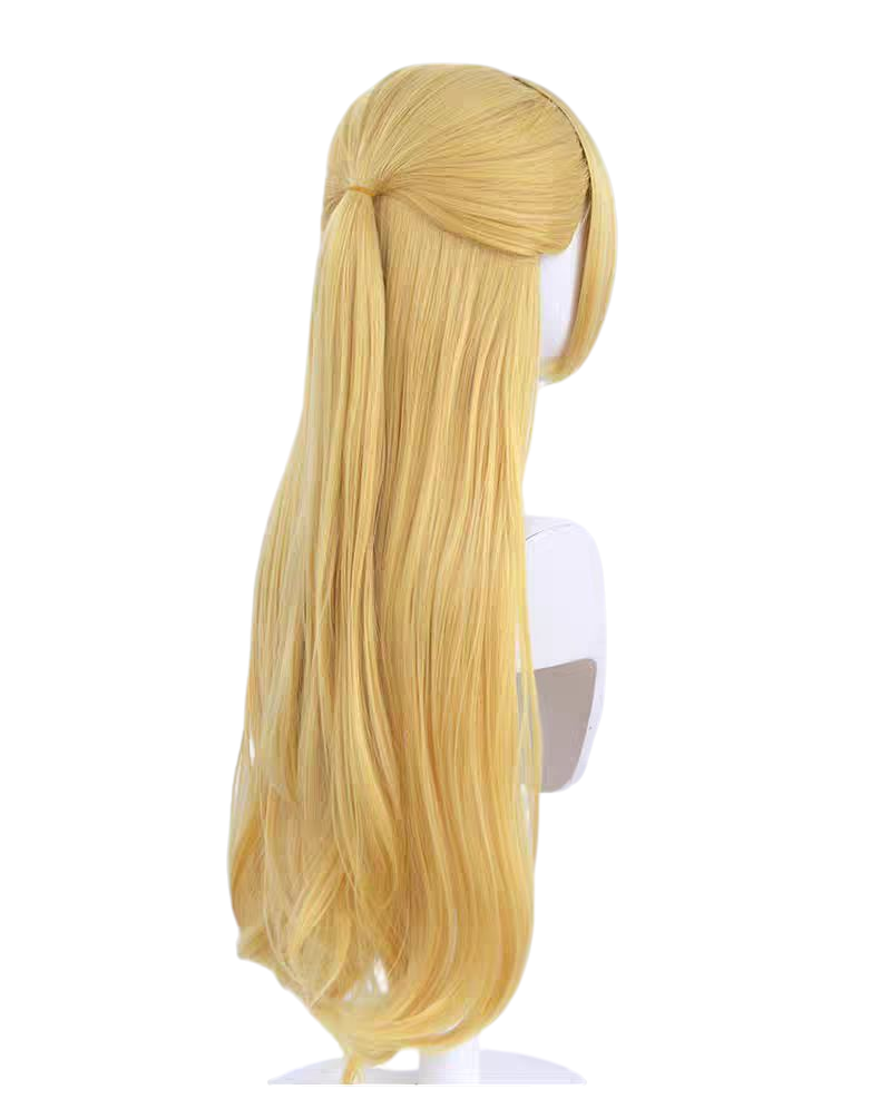 Tan Sailor Moon Sailor Venus Minako Aino Golden Long Curly Cosplay Wig with Red Bow