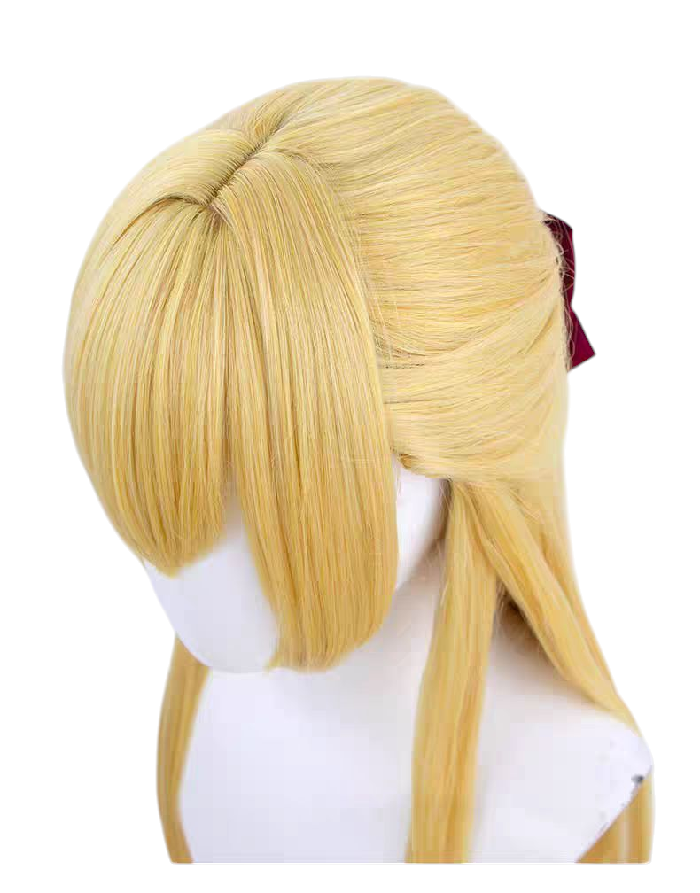 Tan Sailor Moon Sailor Venus Minako Aino Golden Long Curly Cosplay Wig with Red Bow