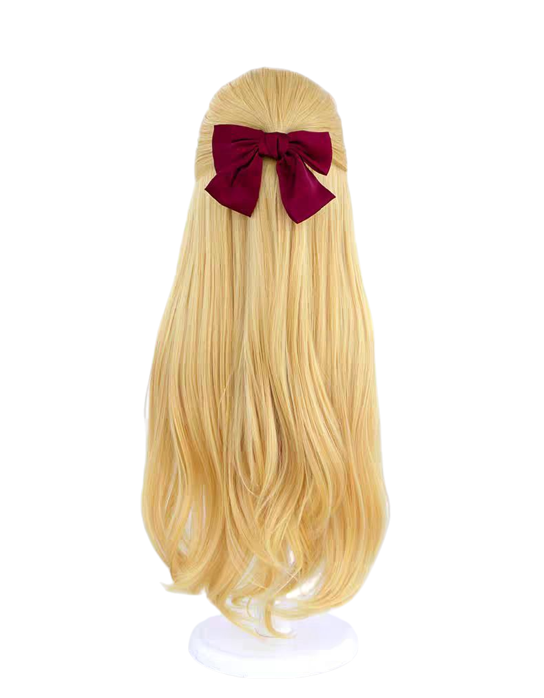 Tan Sailor Moon Sailor Venus Minako Aino Golden Long Curly Cosplay Wig with Red Bow