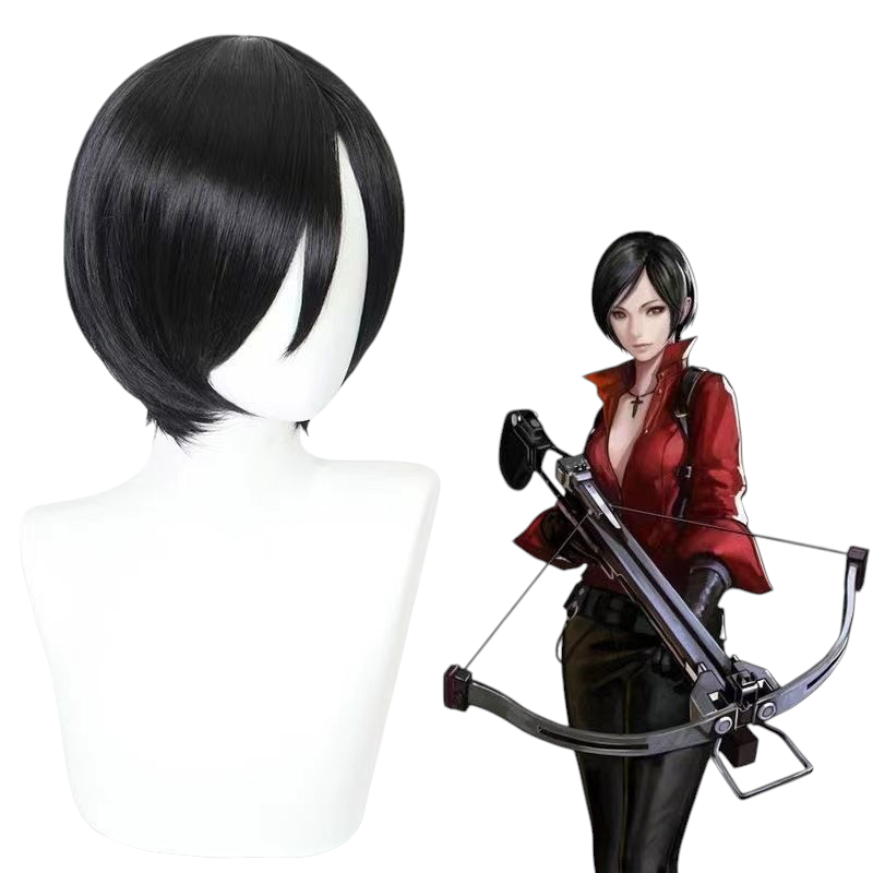 Antique White Resident Evil Ada Wong Cosplay Wig - 32cm Black Bob with Face Framing