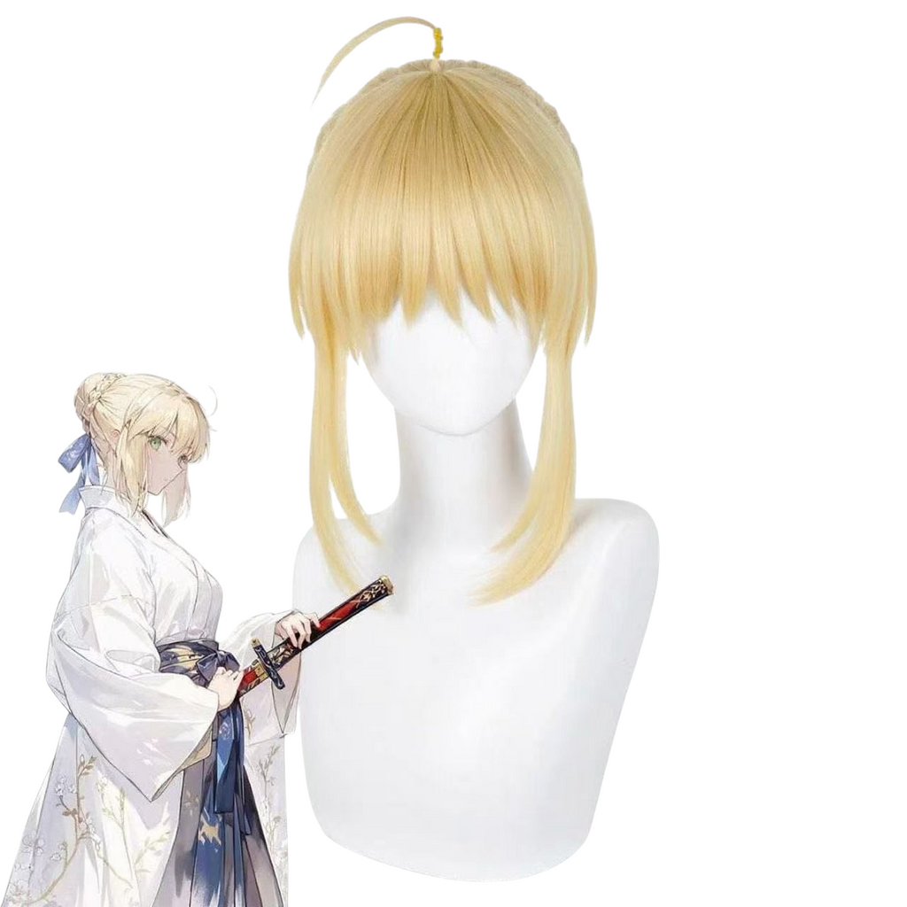 Light Gray Saber (Artoria) Cosplay Wig - Fate/Stay Night (Blonde Bun + Ahoge) (FEVERCOS)