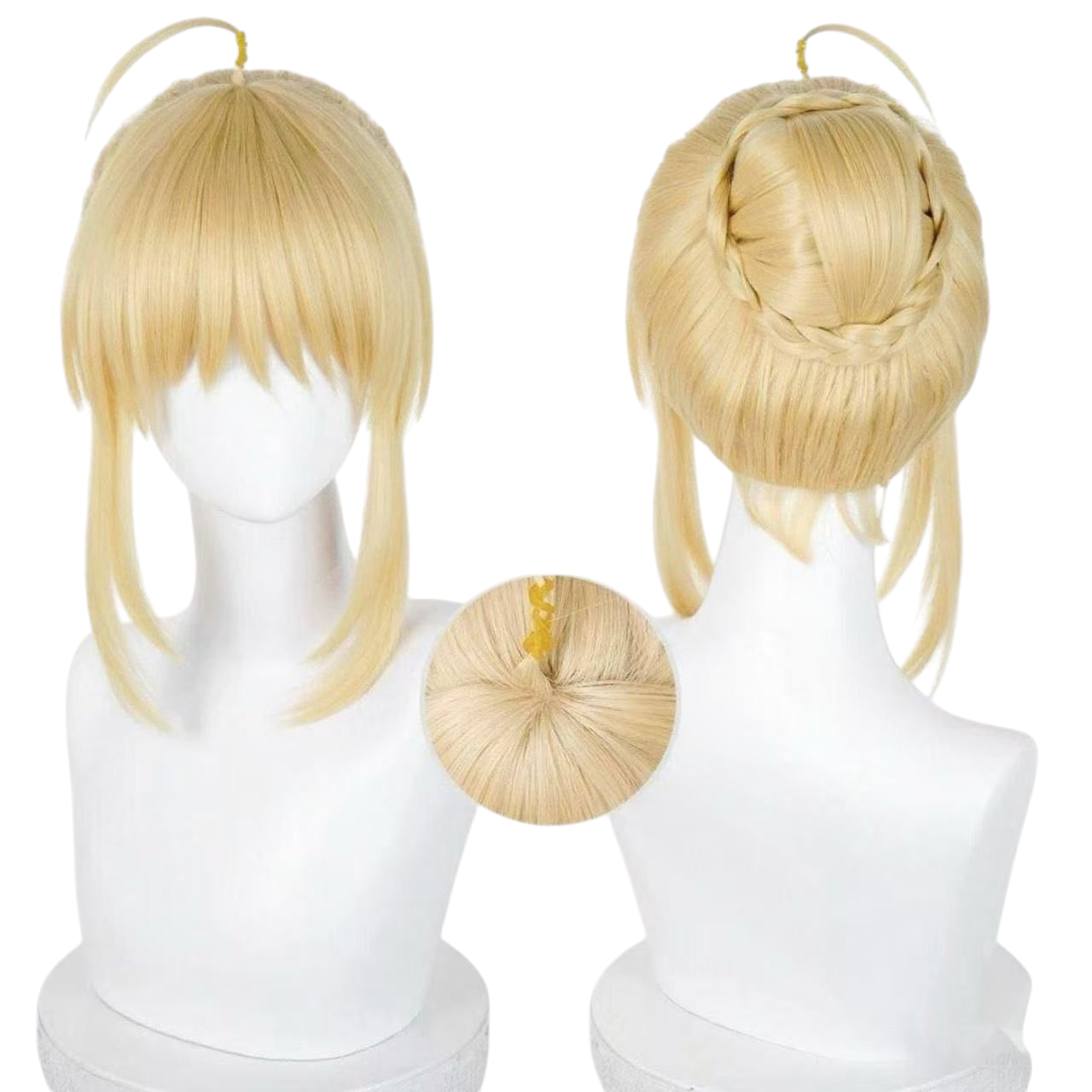 Antique White Saber (Artoria) Cosplay Wig - Fate/Stay Night (Blonde Bun + Ahoge) (FEVERCOS)