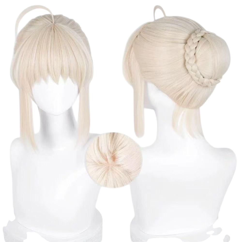Antique White Saber (Artoria) Cosplay Wig - Fate/Stay Night (Blonde Bun + Ahoge) (FEVERCOS)