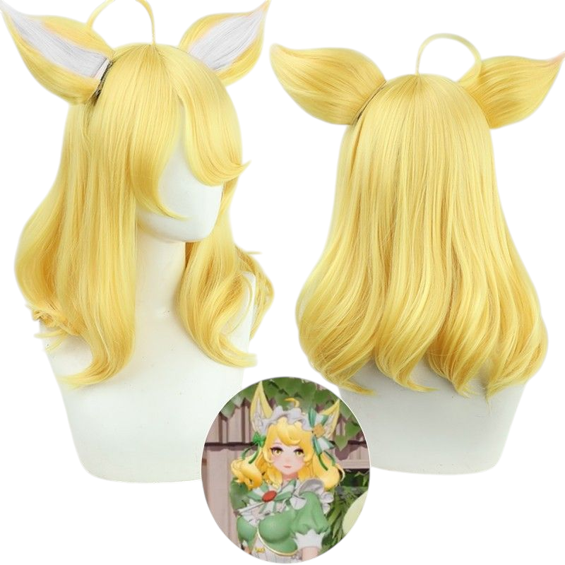 Light Goldenrod Daji "Matcha Sweetheart" (Maid Cafe) Cosplay Wig - Honor of Kings (Green/Brown + Ears) (FEVERCOS)