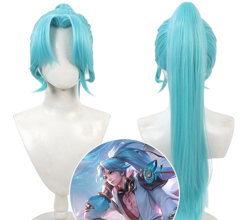 Medium Aquamarine Allain "Snowfall White Wolf" Cosplay Wig - Honor of Kings (White Ponytail) (FEVERCOS)