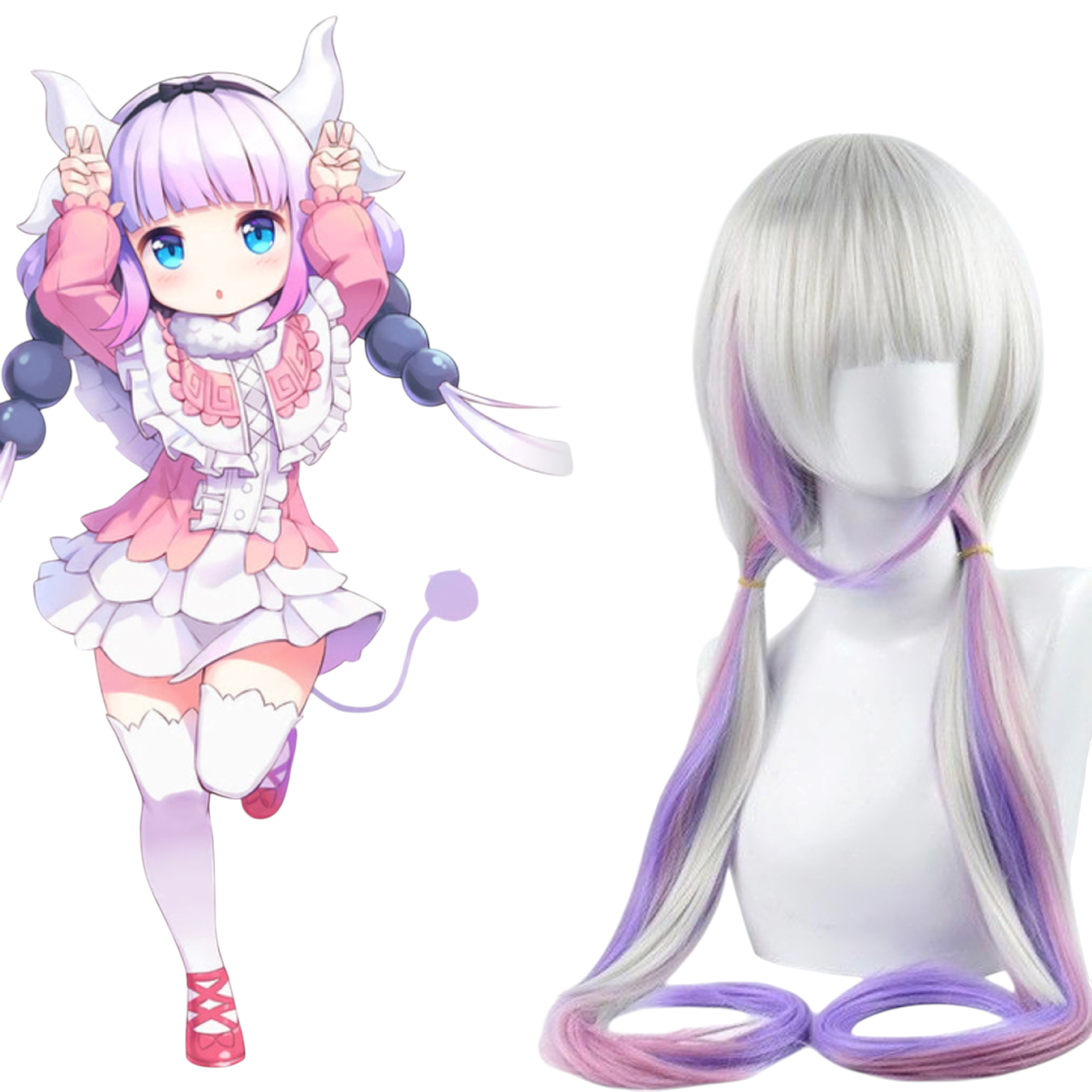 White Smoke Kanna Kamui Cosplay Wig - Miss Kobayashi's Dragon Maid (White/Purple Twin Tails) (FEVERCOS)